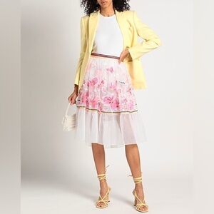NWT Ermanno Scervino White Floral Embroidered Organza Midi Skirt Sz 38